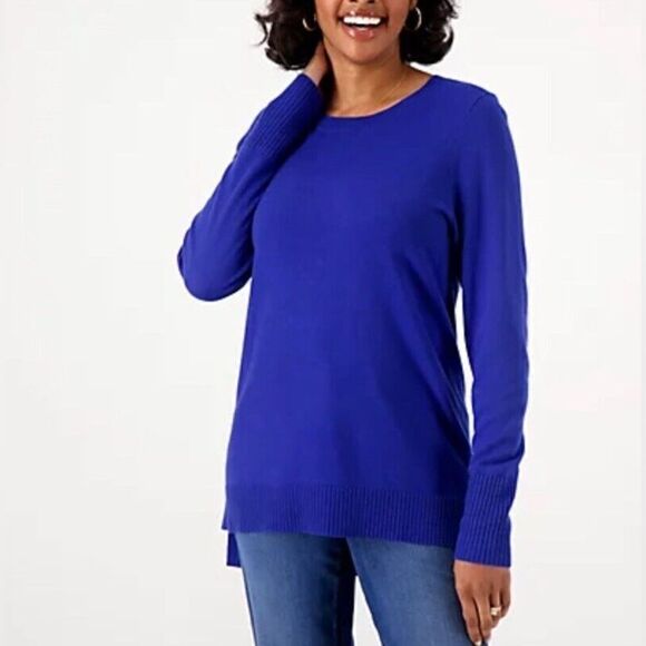 Denim & Co. Crew Neck Long Sleeve Hi-Low Pullover Sweater - Picture 1 of 3